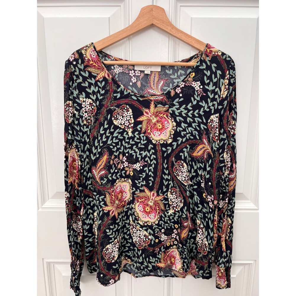LOFT Womens Large Navy Blue Paisley Floral Smocked Cuff Rayon Blouse Top